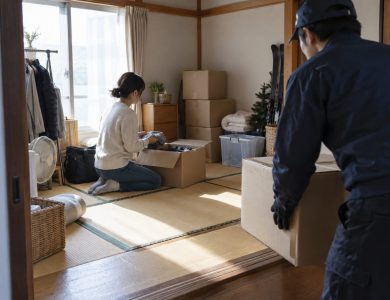 In a compact apartment’s tatami room crowded with seasonal belongings, one renter kneels beside an opened