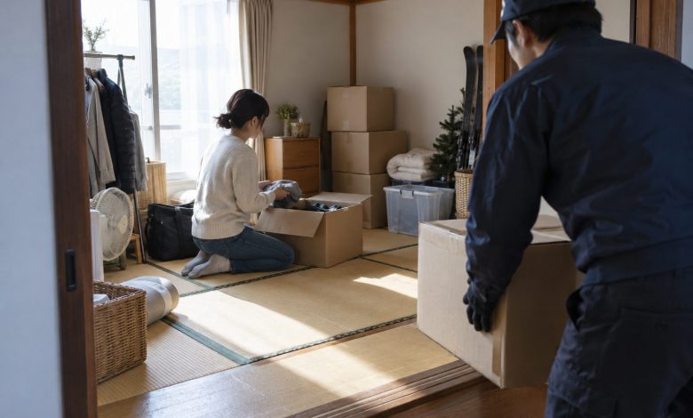 In a compact apartment’s tatami room crowded with seasonal belongings, one renter kneels beside an opened
