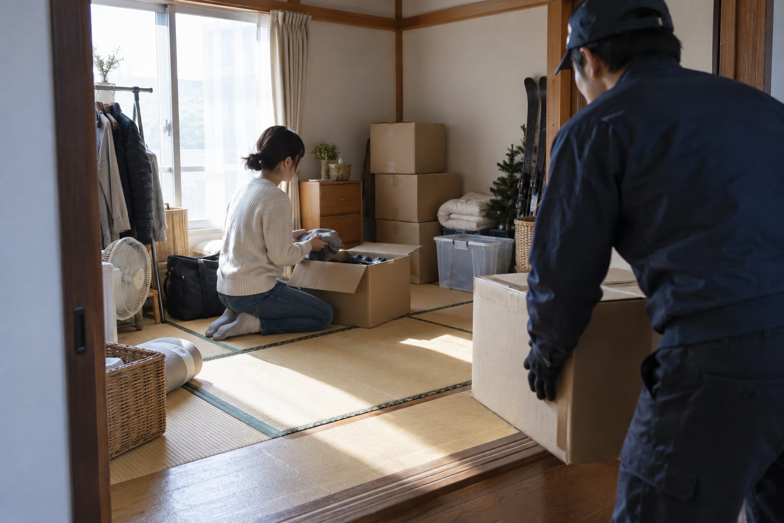 In a compact apartment’s tatami room crowded with seasonal belongings, one renter kneels beside an opened