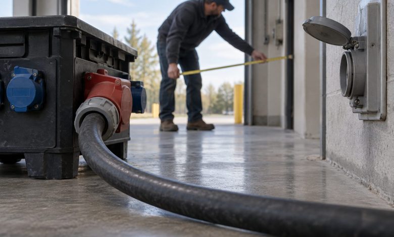 On the concrete floor of a community recreation centre’s service bay, a temporary-power cable and distribution