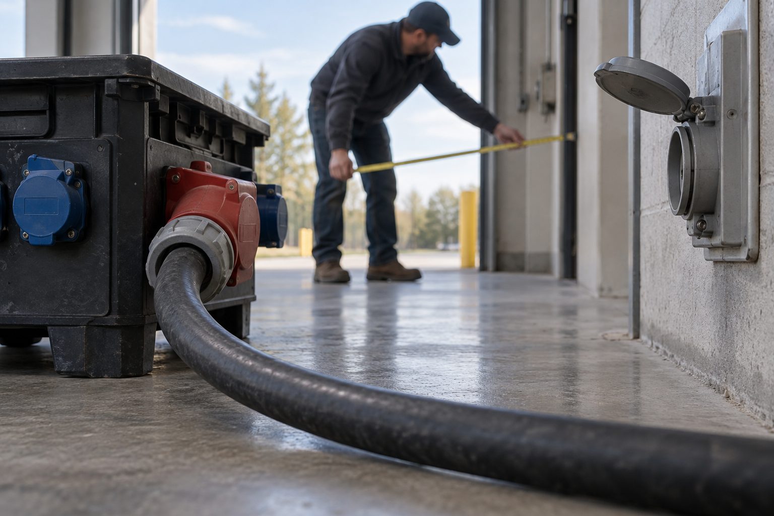 On the concrete floor of a community recreation centre’s service bay, a temporary-power cable and distribution