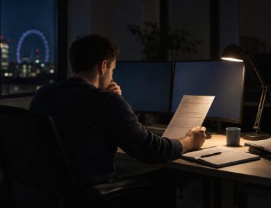 One FinOps analyst for a UK online retailer sits alone in a darkened cloud-operations office late