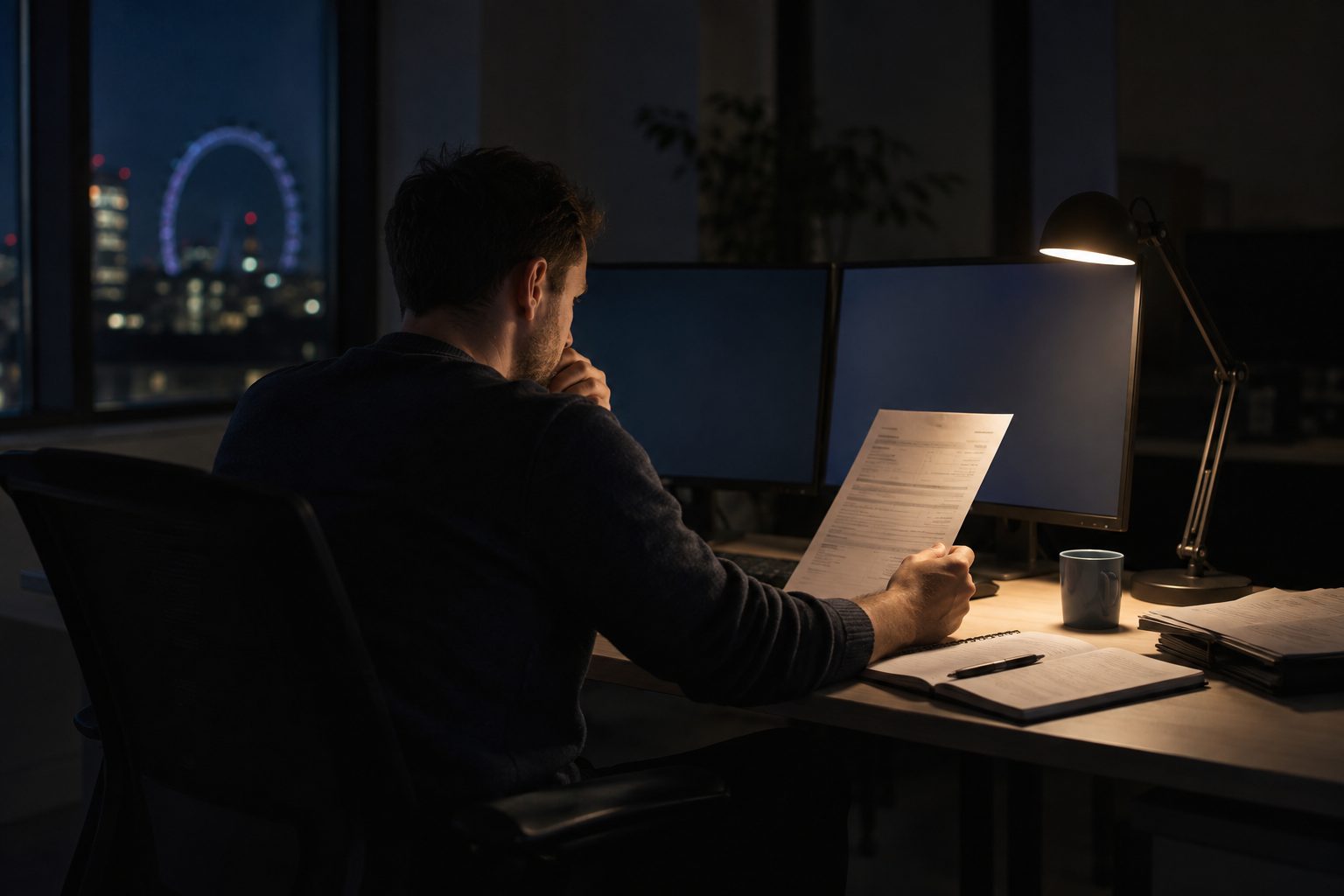 One FinOps analyst for a UK online retailer sits alone in a darkened cloud-operations office late