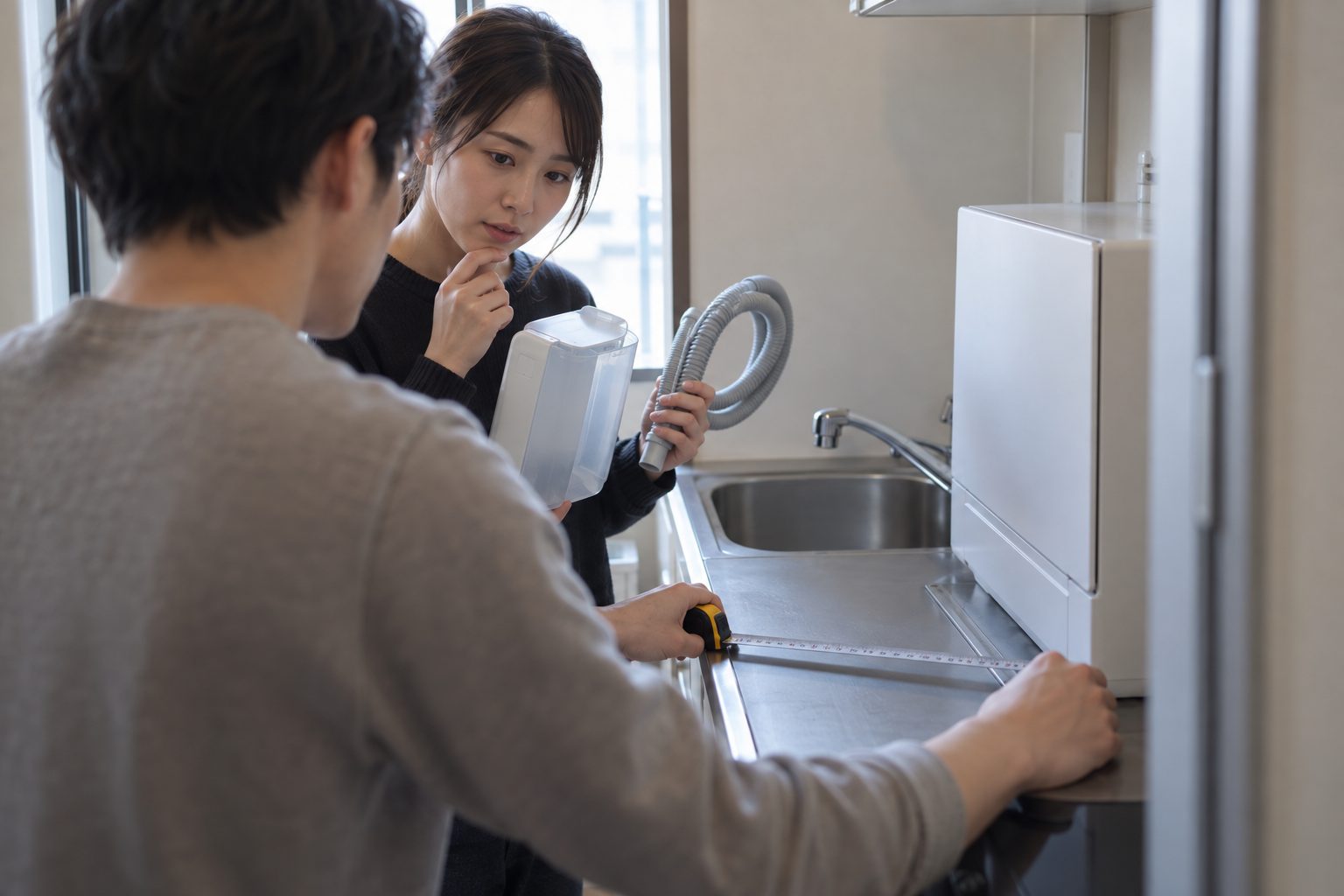 Over the shoulder of one of two renters in a compact apartment kitchenette, the foreground renter
