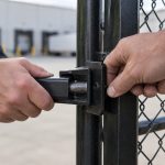 At a distribution warehouse loading yard, a facilities manager and the fence contractor each grip the