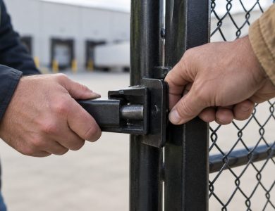 At a distribution warehouse loading yard, a facilities manager and the fence contractor each grip the
