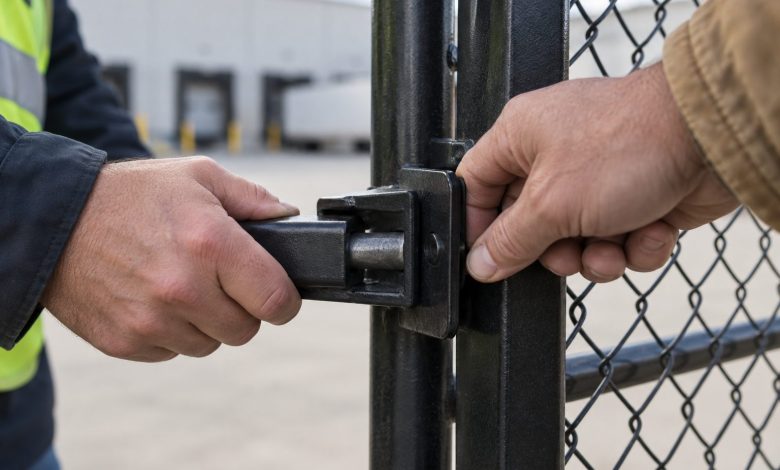 At a distribution warehouse loading yard, a facilities manager and the fence contractor each grip the