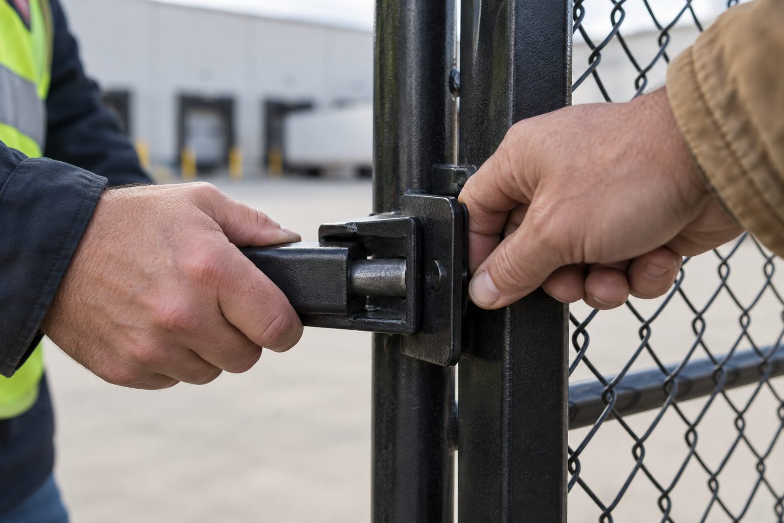 At a distribution warehouse loading yard, a facilities manager and the fence contractor each grip the