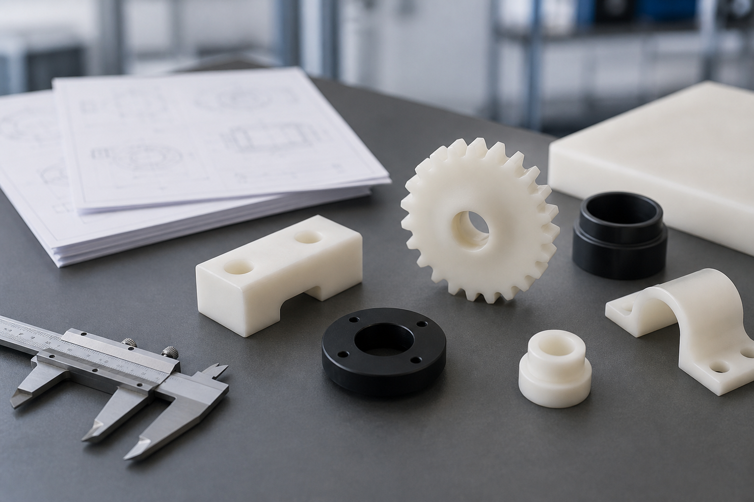 Editorial photograph for an online article about POM-C engineering plastic. Natural lighting, realistic, uncluttered composition, landscape