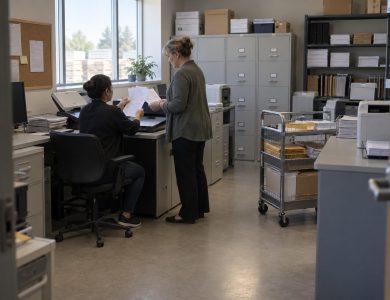 Two people are in a compact accounts-payable room at a Canadian building-supply wholesaler: an AP clerk