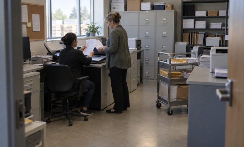 Two people are in a compact accounts-payable room at a Canadian building-supply wholesaler: an AP clerk