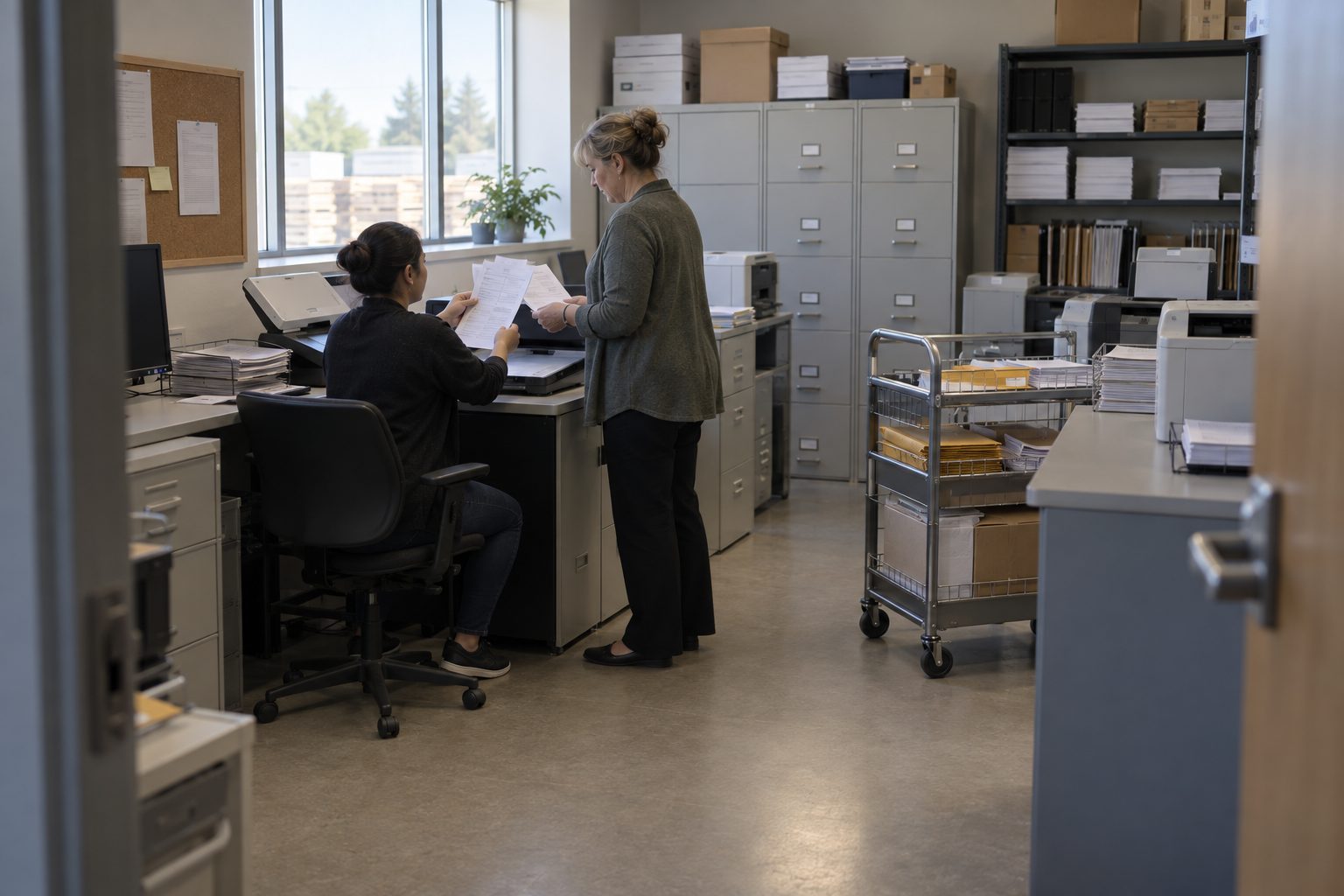 Two people are in a compact accounts-payable room at a Canadian building-supply wholesaler: an AP clerk