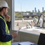 A site manager coordinating hazardous-dust removal across three interstate worksites stands in profile at the daylight