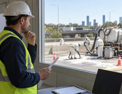 A site manager coordinating hazardous-dust removal across three interstate worksites stands in profile at the daylight