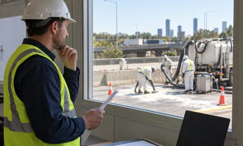 A site manager coordinating hazardous-dust removal across three interstate worksites stands in profile at the daylight