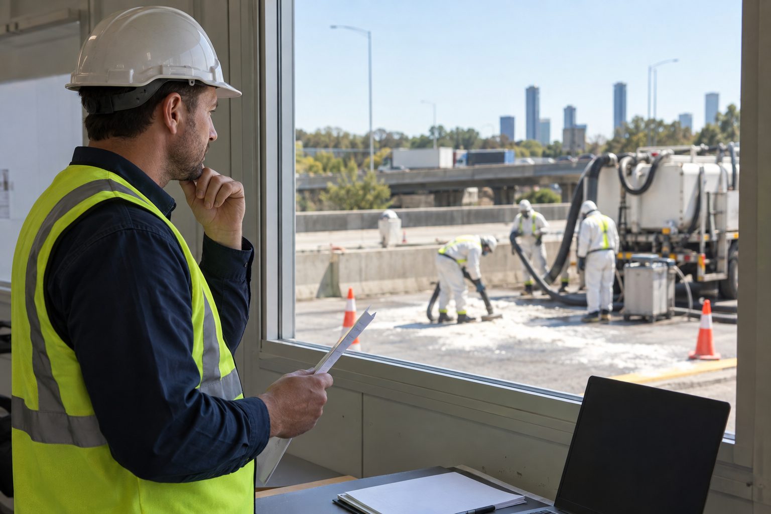 A site manager coordinating hazardous-dust removal across three interstate worksites stands in profile at the daylight