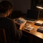 One homeowner sits alone at a dining-room table late at night, seen three-quarter from behind their