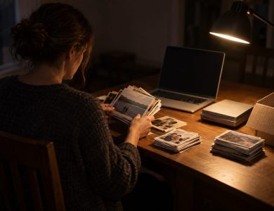 One homeowner sits alone at a dining-room table late at night, seen three-quarter from behind their