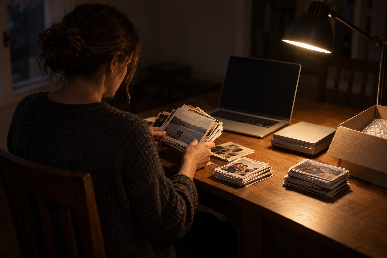 One homeowner sits alone at a dining-room table late at night, seen three-quarter from behind their
