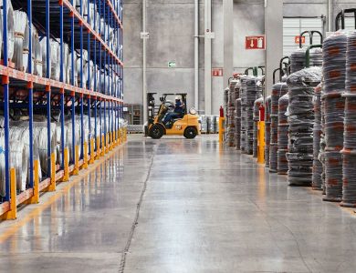 A forklift operates in an industrial warehouse with stacked goods. Efficient distribution setting.