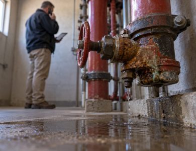 A regional property facilities manager stands in a cramped apartment-building sprinkler riser room, calling a shortlisted