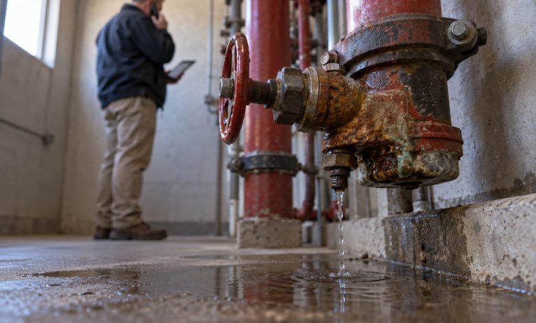 A regional property facilities manager stands in a cramped apartment-building sprinkler riser room, calling a shortlisted