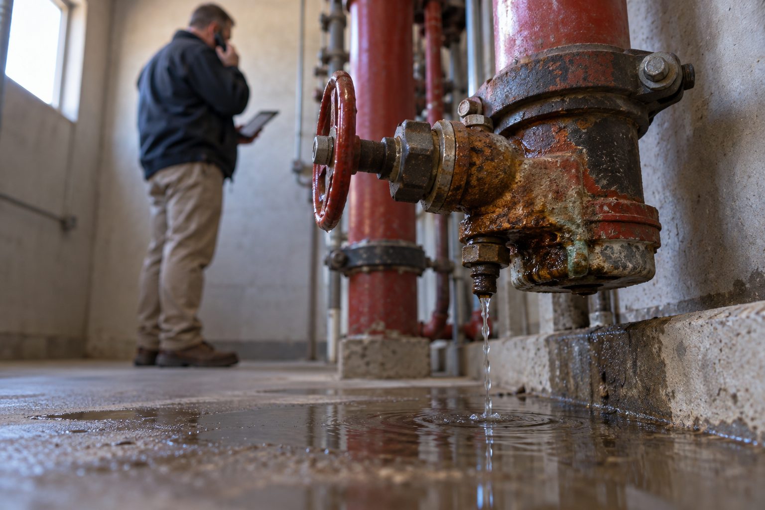 A regional property facilities manager stands in a cramped apartment-building sprinkler riser room, calling a shortlisted