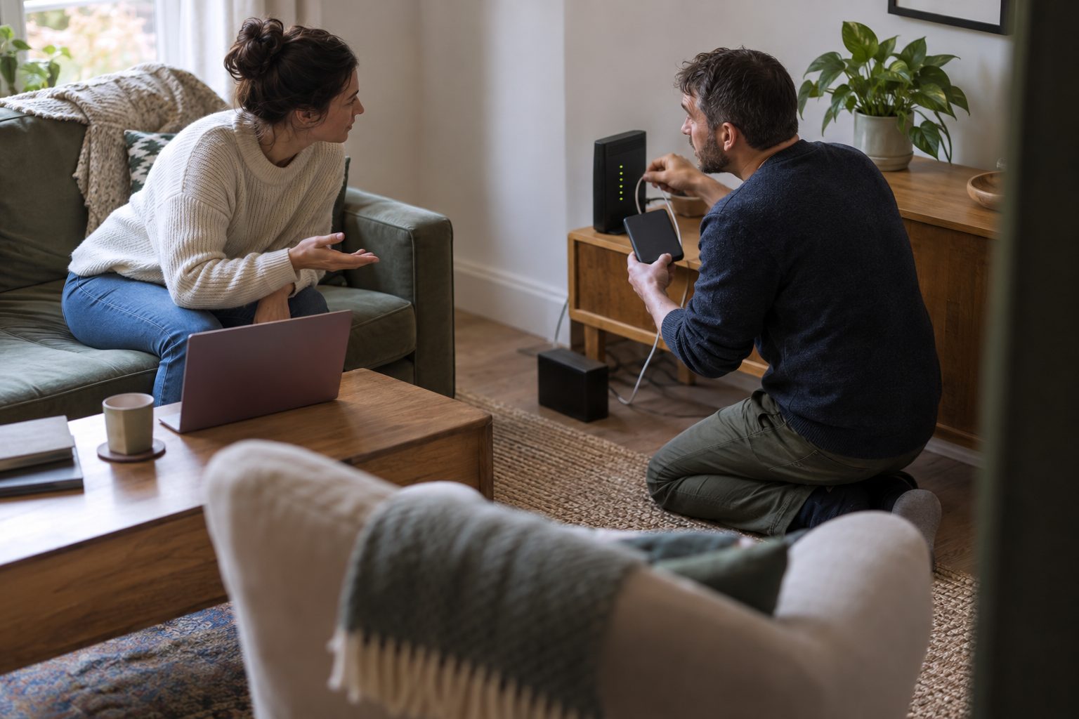 Two homeowners who work from home are in their terraced-house living room during a broadband outage,