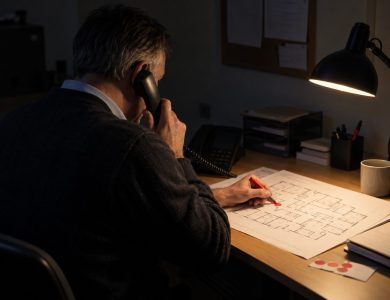 A care-home premises manager sits alone in the facilities office after the monthly emergency-lighting test, placing