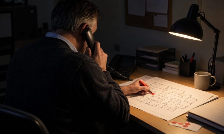 A care-home premises manager sits alone in the facilities office after the monthly emergency-lighting test, placing