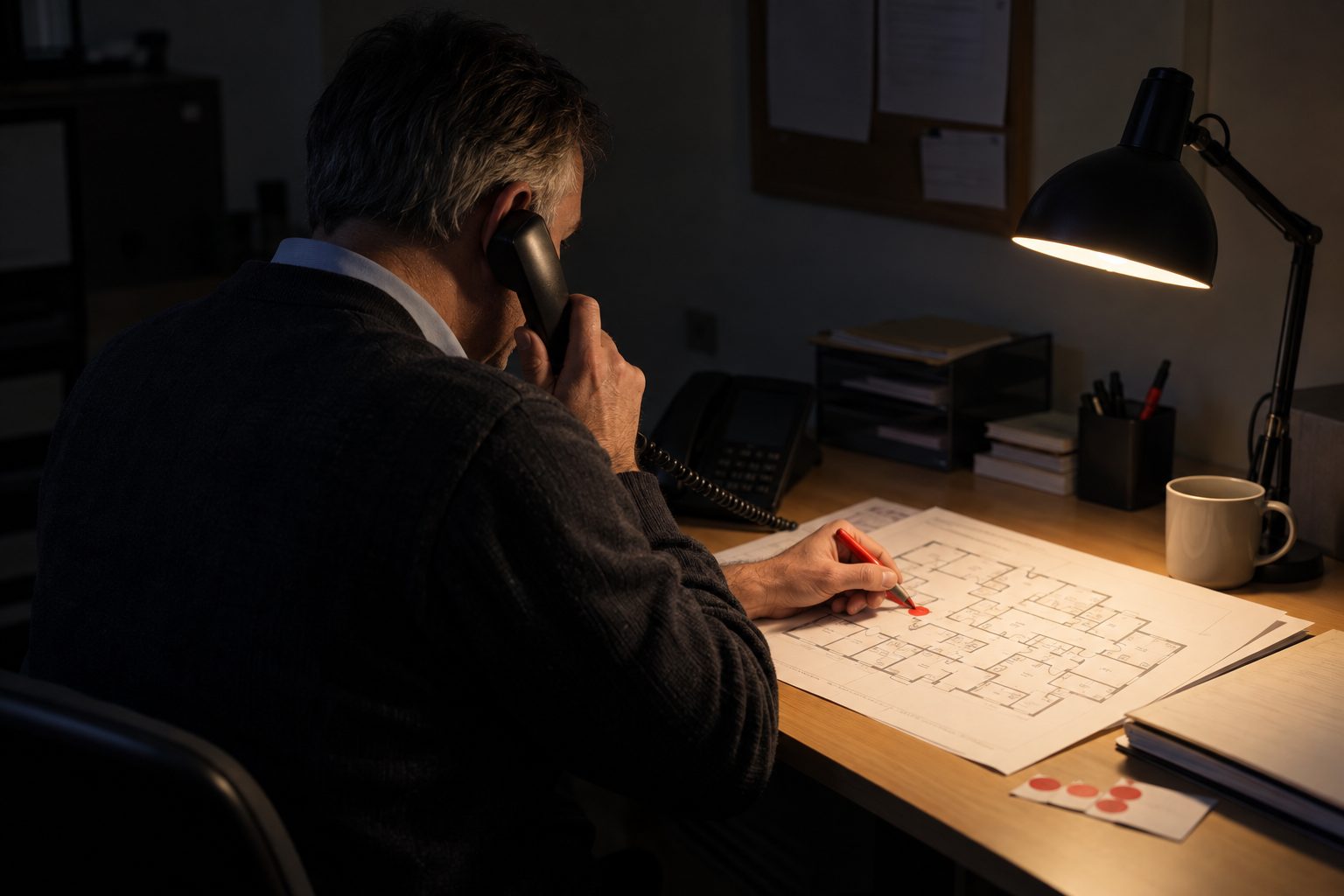 A care-home premises manager sits alone in the facilities office after the monthly emergency-lighting test, placing