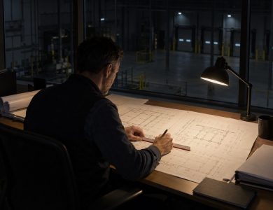 A lone warehouse facilities manager works late in a glass-walled office above the loading bays, using
