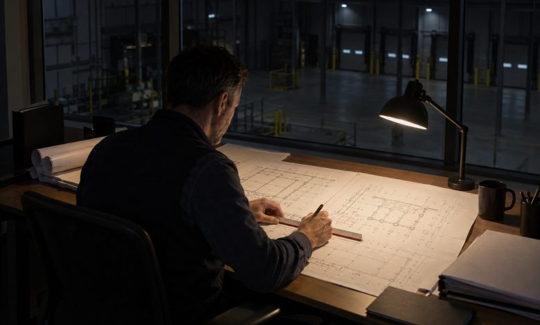 A lone warehouse facilities manager works late in a glass-walled office above the loading bays, using