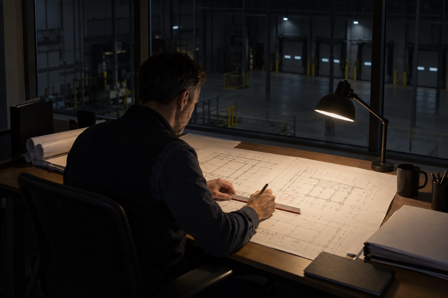 A lone warehouse facilities manager works late in a glass-walled office above the loading bays, using
