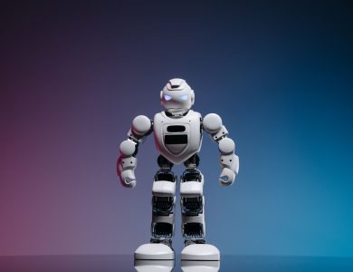 A modern toy robot standing on a gradient background, showcasing innovation and technology.