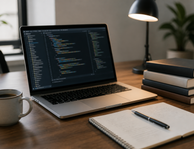 Editorial photograph for an online article about programming terminology ambiguity. A realistic, uncluttered desk scene with