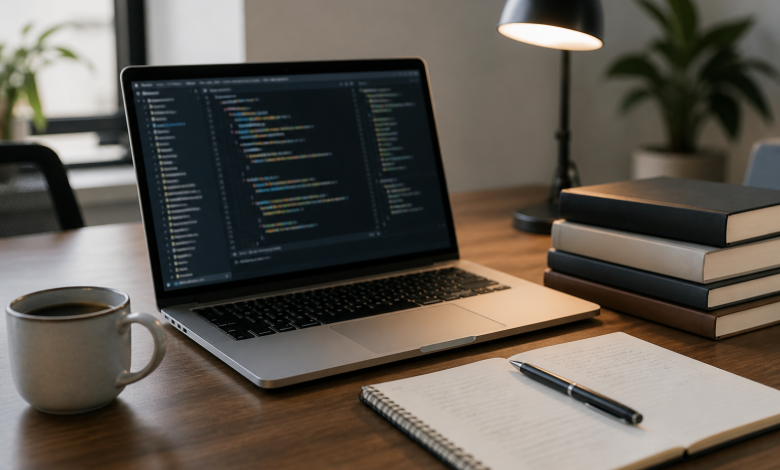 Editorial photograph for an online article about programming terminology ambiguity. A realistic, uncluttered desk scene with