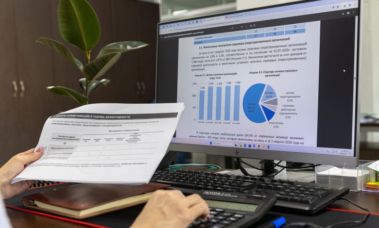 Person analyzing financial data on a computer screen in an office setting.