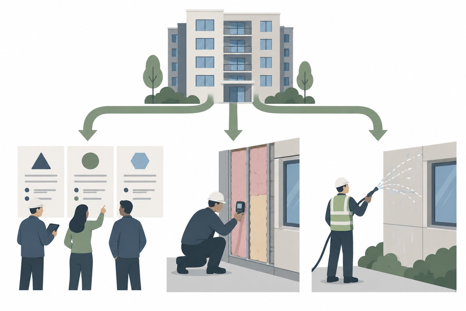 Three branching routes extend from a mid-rise residential building toward a façade condition survey, an opened