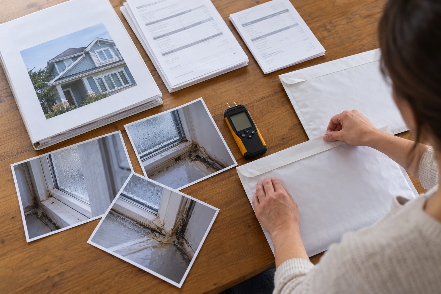 A homeowner seals two notice packets into separate courier envelopes beside a home-warranty policy, delivery receipts,