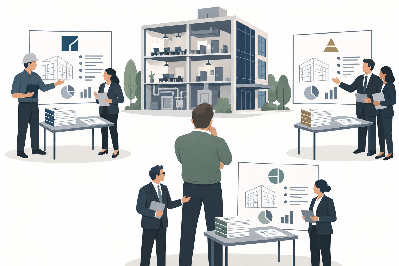 Three separate pairs of engineering and tax specialists present competing study packages around one cutaway commercial