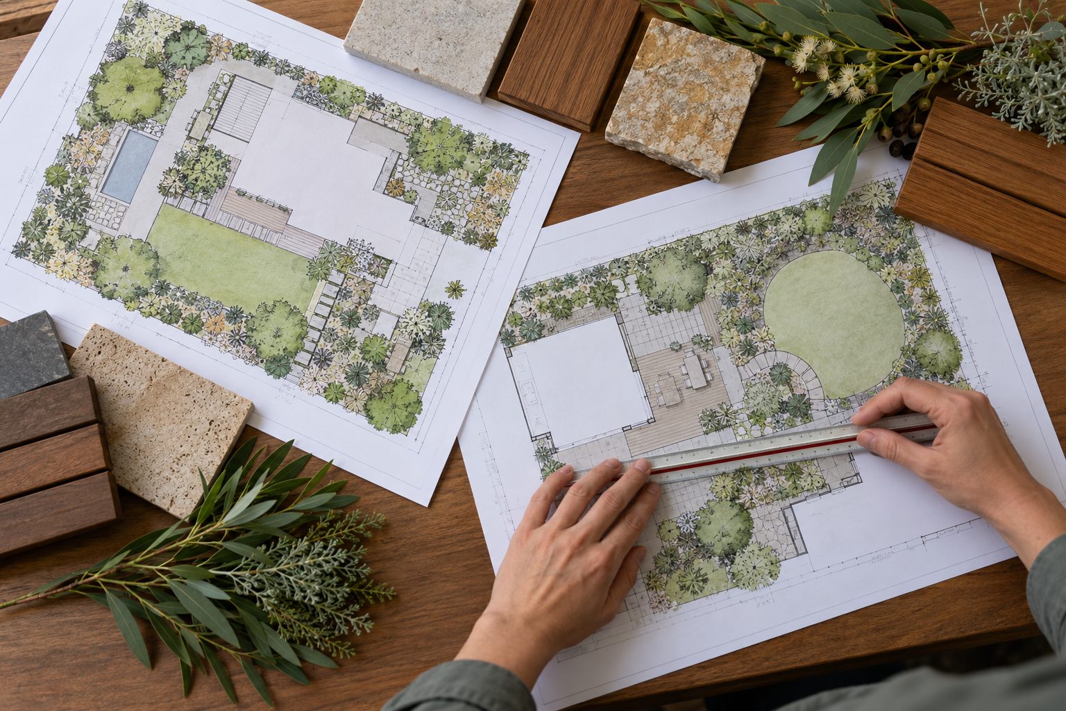 Two complete landscape design plan sets lie open at different angles with planting layouts, construction details,