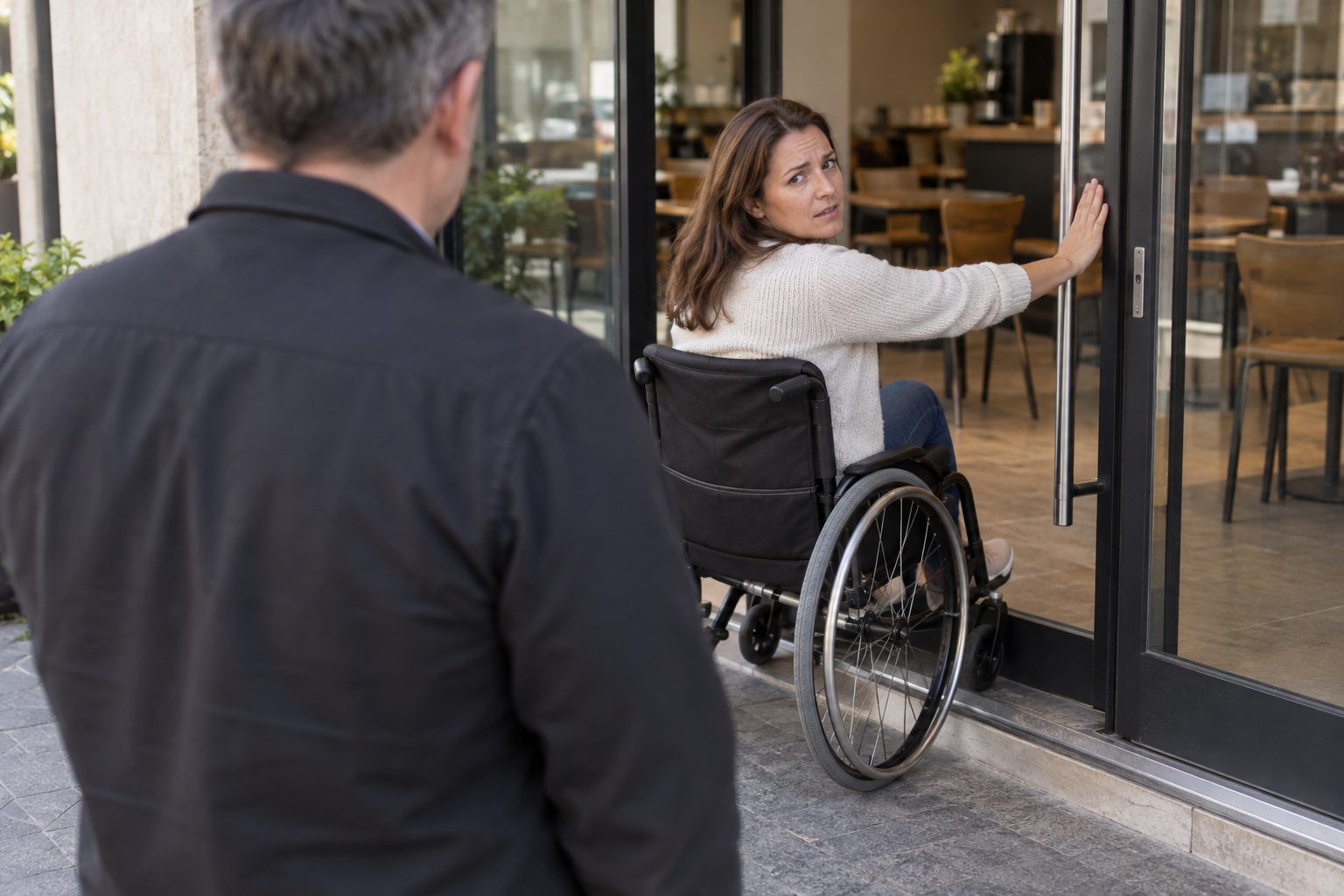 A shopping-centre facilities manager, seen from behind at a leased café entrance, watches a wheelchair-using tenant