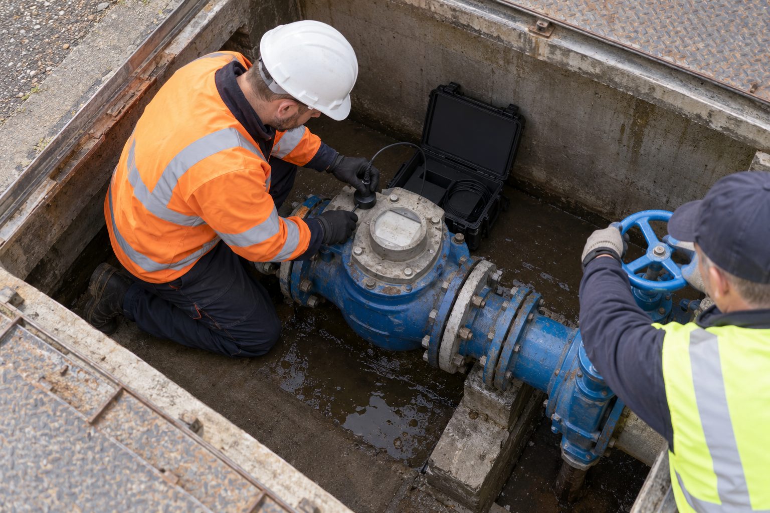 A water-leak technician kneels over a large commercial meter chamber, fitting an acoustic sensor while a