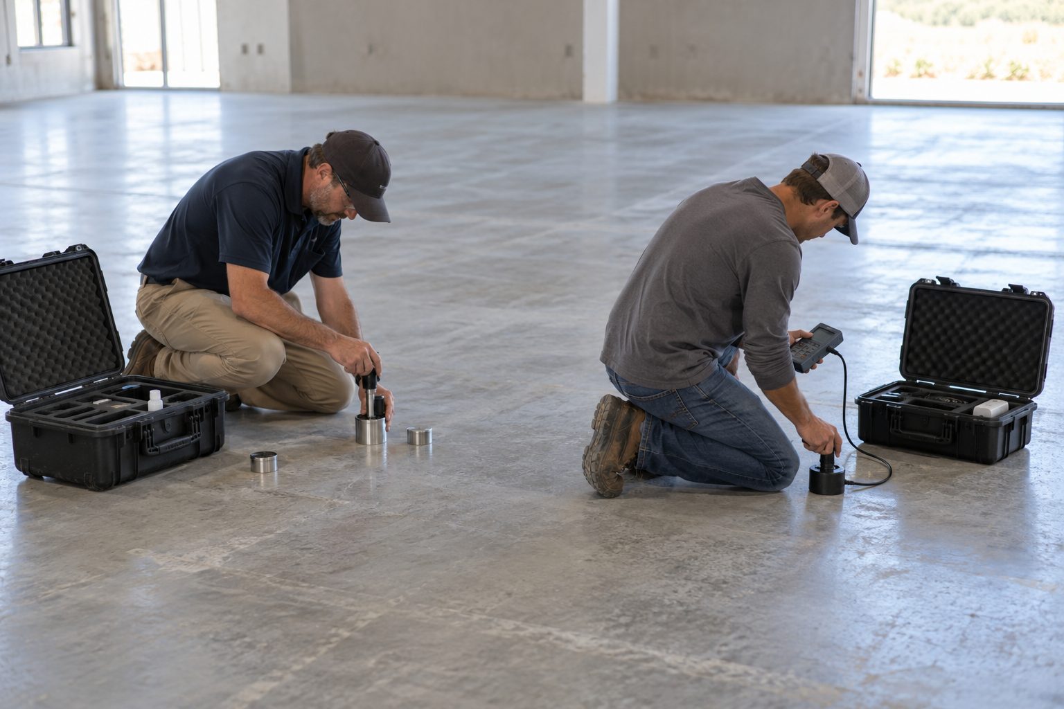 Two independent technicians occupy separate test bays on the same commercial concrete floor, each using calibrated