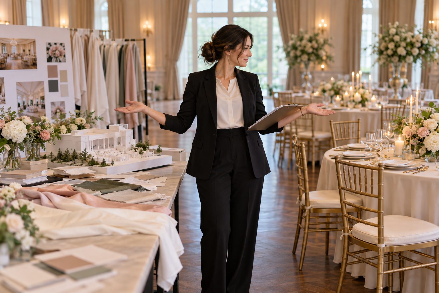 A wedding planner stands centrally in a ballroom being dressed for a reception, with venue models,