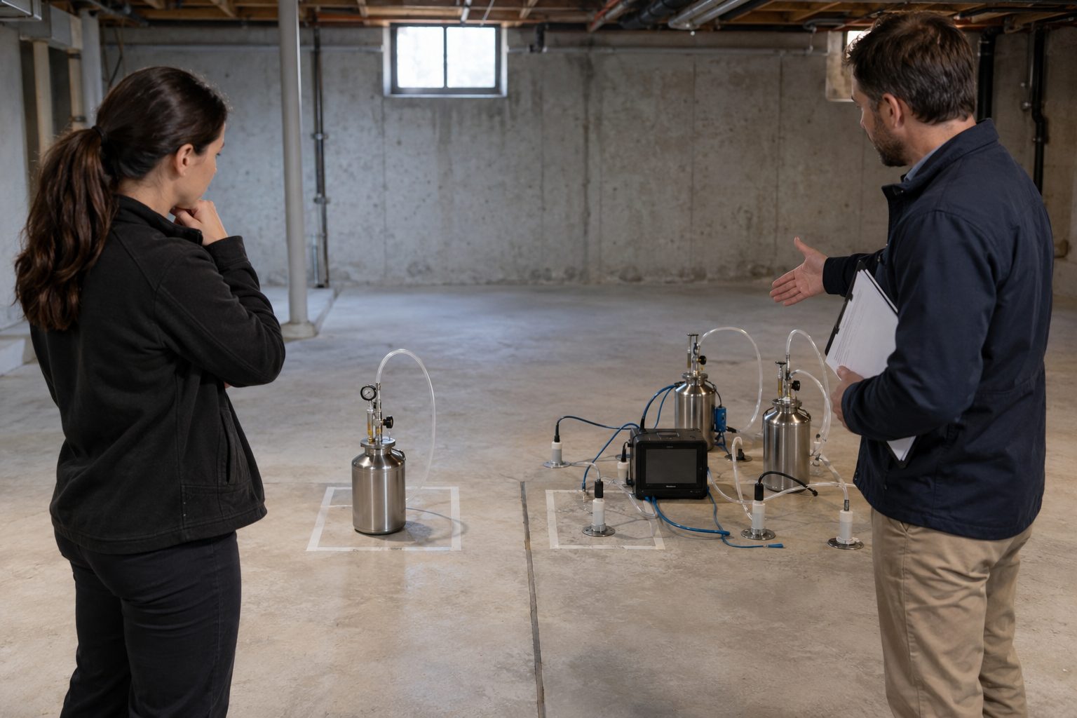 Two environmental consultants stand beside contrasting vapour-intrusion investigation setups arranged side by side in a commercial