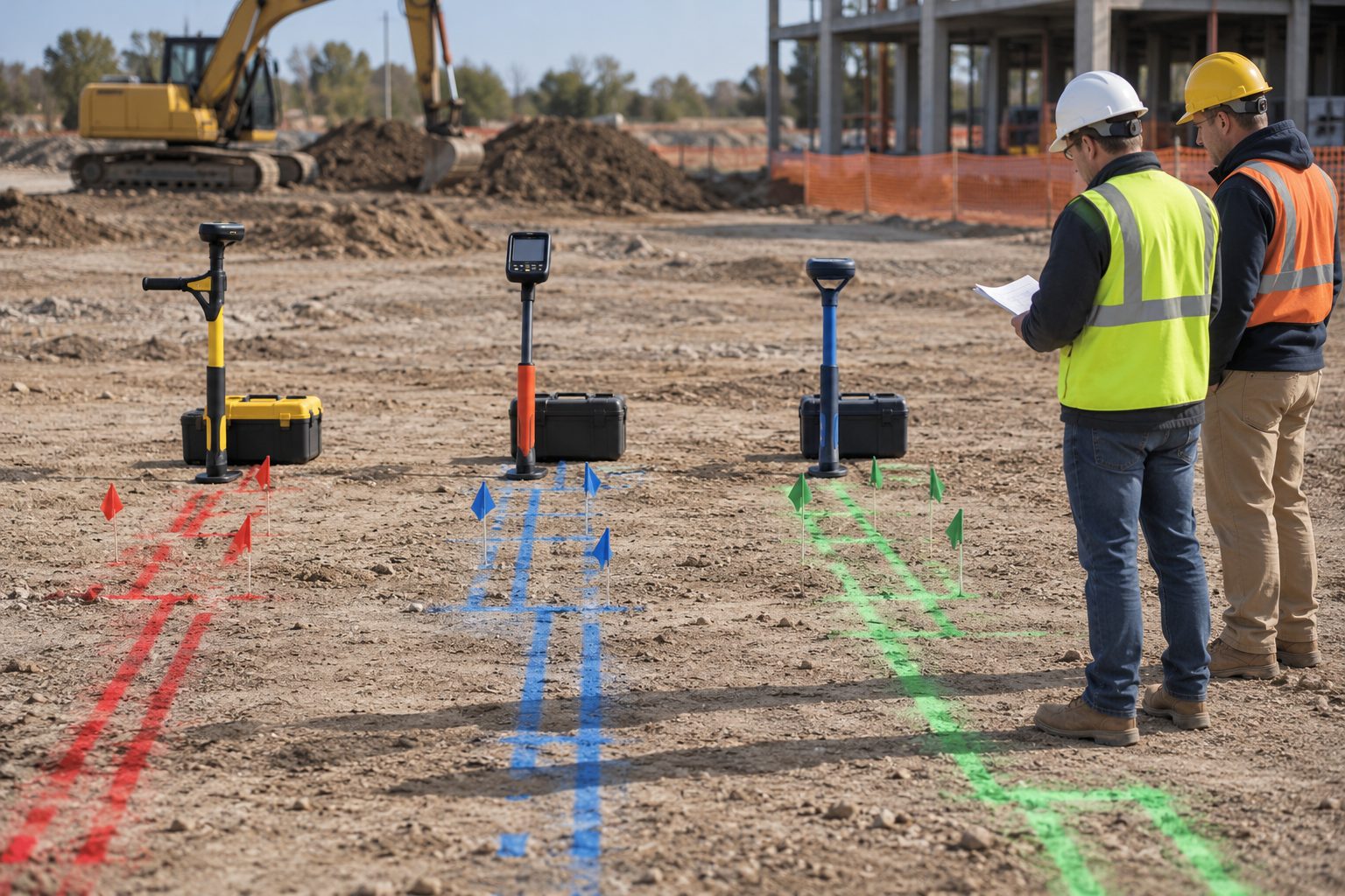 Three distinct utility-locating setups stand side by side at an active redevelopment site, each beside its
