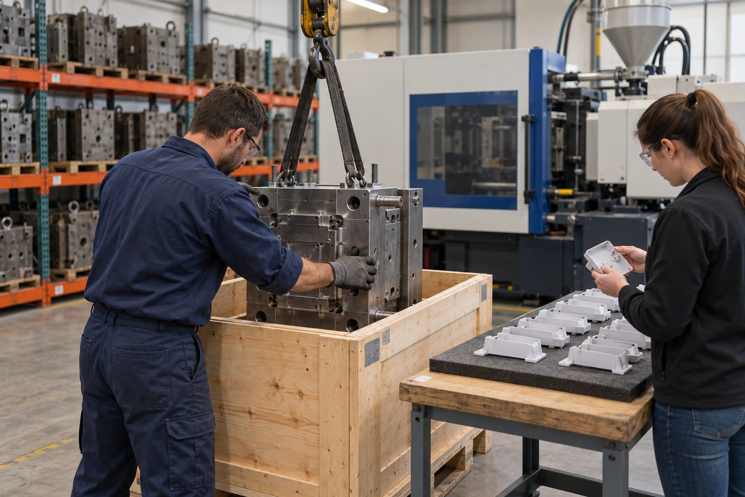 A toolmaker guides a finished injection mold into a protective shipping crate while a buyer checks