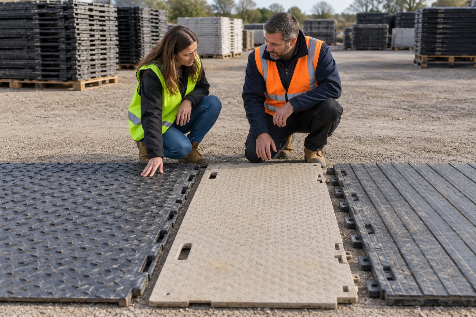 At an equipment-hire yard, an event organiser and a rental specialist stand between three full-size ground-protection